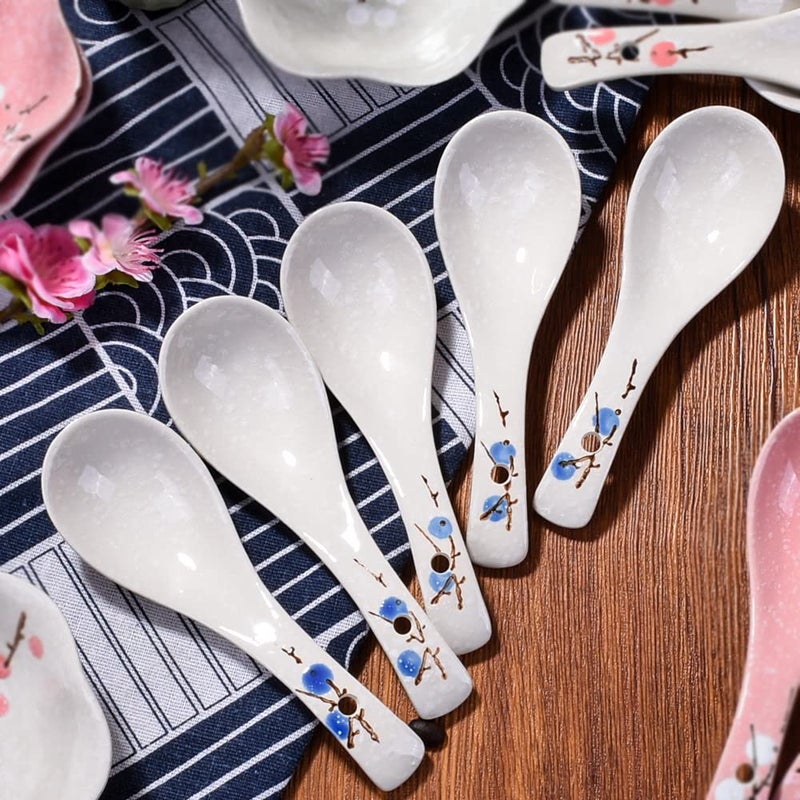 Whitenesser Ceramic Soup Spoon Set of 5 Japanese Style Blue Plum Asian Spoons Serving for Fruit Salad Ice Cream Oatmeal - Image 5